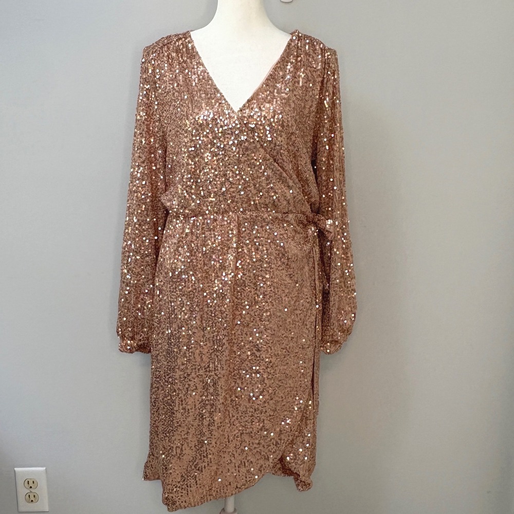 Gibson Latimer Rose Gold Sequin Wrap Dress Womens Sm Cocktail Party